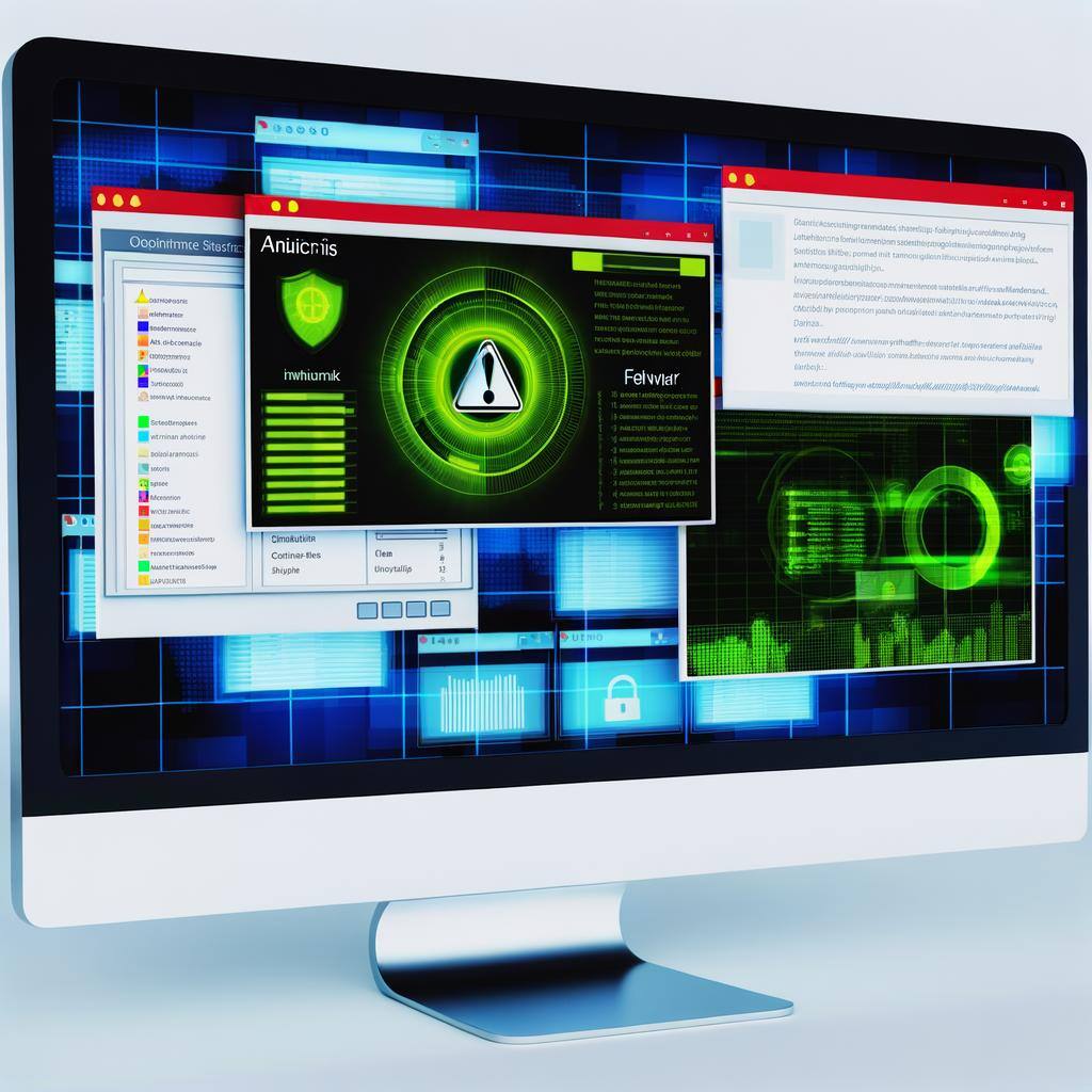 Visualize a computer screen with multiple windows open. It shows an actively operating antivirus software scanning for potential threats and next to it, there's a firewall software providing robust protection from intrusions. The screen is also cluttered with miscellaneous files and folders to reflect an active work environment. Data and alerts are visible on the antivirus software, while the firewall is vibrant with secure network pathways. All of this is encased within a sleek, modern computer monitor.