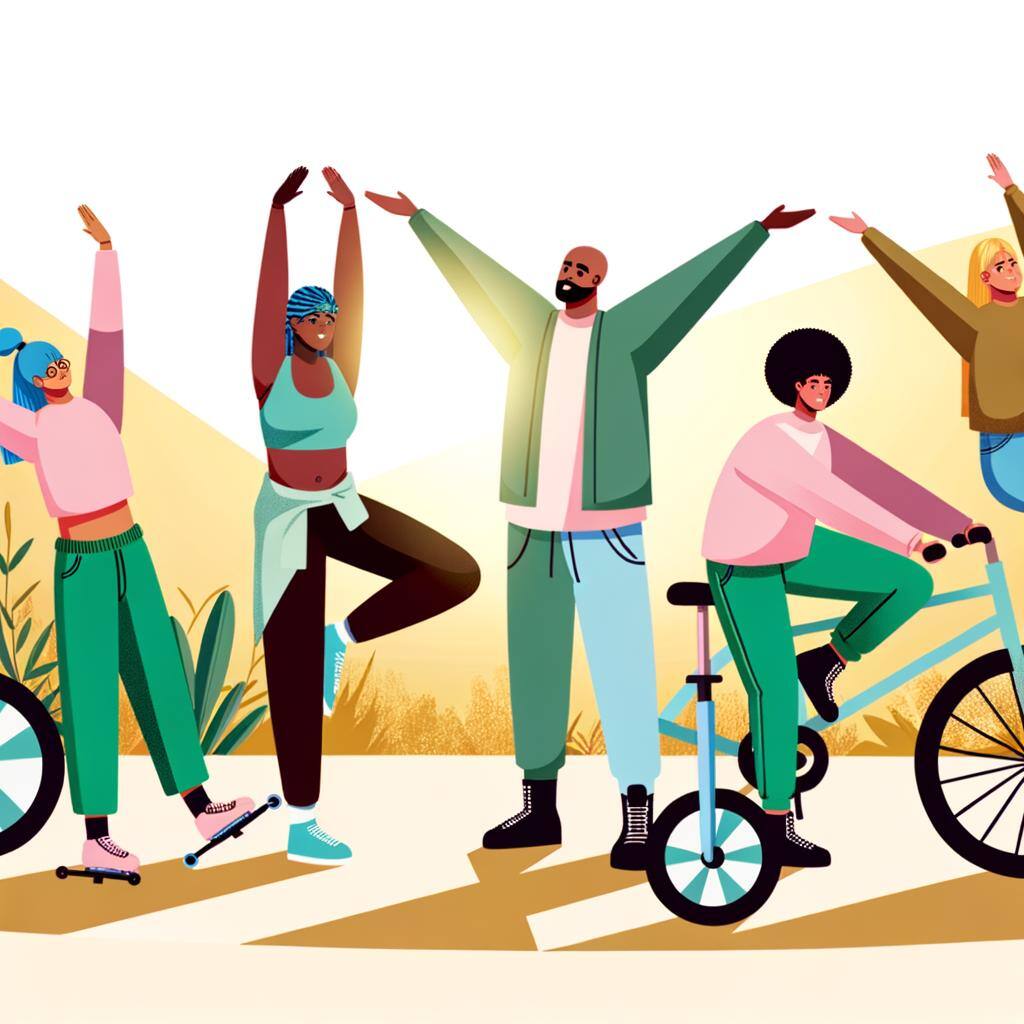 An illustration of a diverse team enjoying flexibility and mobility. The team consists of five members; two Caucasian women, one Hispanic man, one Black man, and one South Asian woman. They are all wearing comfortable, casual attire, showing signs of enthusiasm and enjoyment. Perhaps some are stretching or doing yoga poses, while others are on various forms of transport such as a bicycles, unicycles, or rollerblades, depicting the concept of mobility. The background can be airy and filled with the warmth of the golden afternoon sun, encouraging a sense of freedom and flexibility.