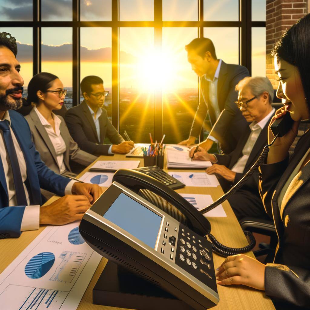A business meeting being held using a modern telephony solution. The meeting includes a diverse group of professionals from various fields. To the left, there is a Middle-Eastern male executive who is speaking while others are listening attentively. Beside him, there is a Caucasian woman who is taking notes. Near her, an Asian man is operating the state-of-the-art telephony equipment. On the right side of the room, a Hispanic woman is looking at blueprints and graphs related to their subject matter. Behind them the setting sun is glowing robustly through the window, casting a beautiful warm hue across the meeting room.